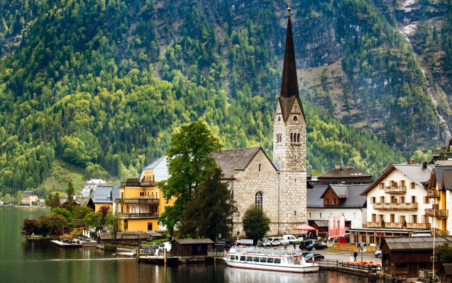 Обои картинки фото города, гальштат , австрия, озеро, горы, пристань