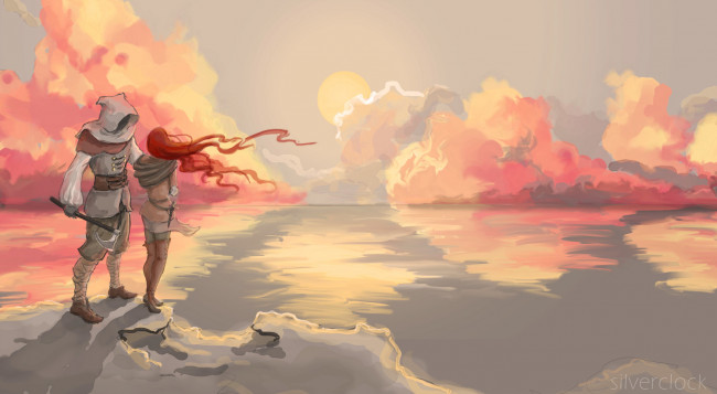 Обои картинки фото видео игры, assassin’s creed iii, ассасин, море, облака, девушка, топор, закат