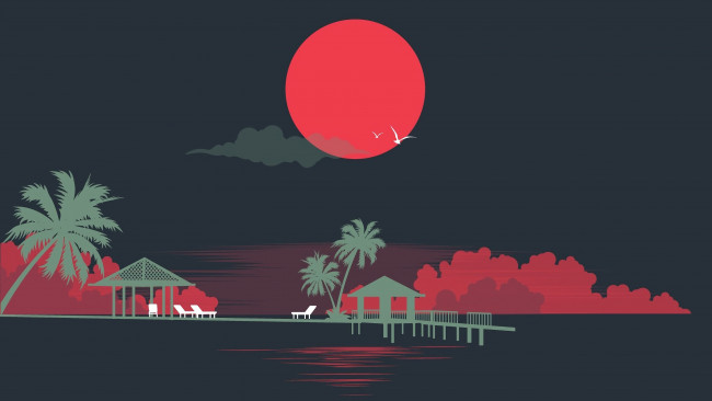 Обои картинки фото векторная графика, природа , nature, солнце, море, стиль, пальмы, силуэты