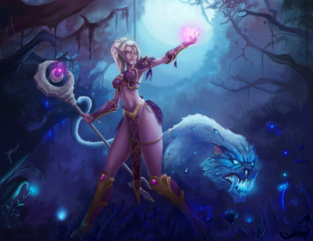 Обои картинки фото видео игры, world of warcraft, девушка, фон, существо, взгляд, униформа, посох