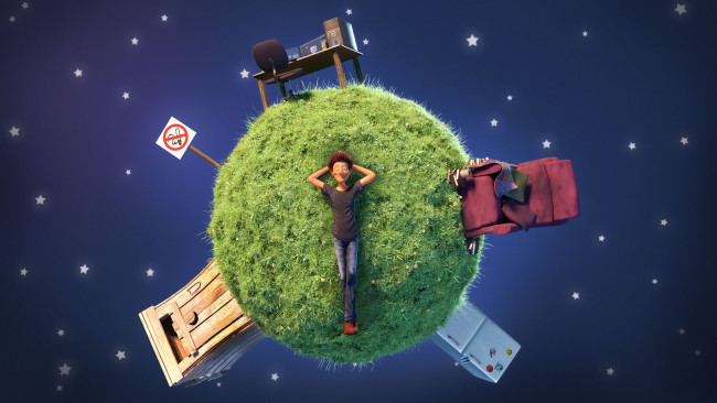 Обои картинки фото 3д графика, атмосфера, настроение , atmosphere ,  mood , мужчина, лужайка, планета, знак, холодильник, туалет, стол, кресло