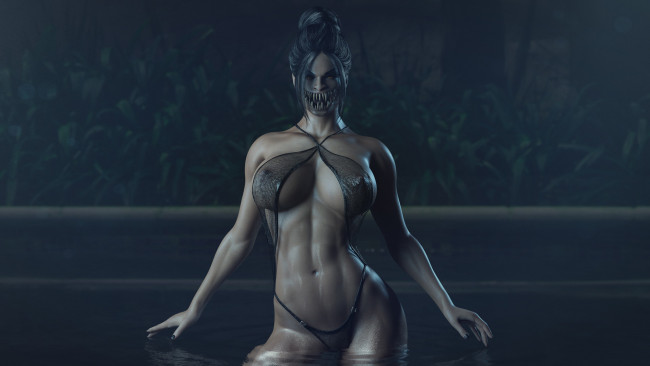 Обои картинки фото видео игры, mortal kombat, девушка, фон, взгляд, зубы, купальник