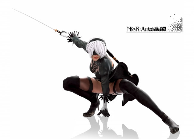 Обои картинки фото видео игры, nier,  automata, девушка, фон, маска, платье, меч