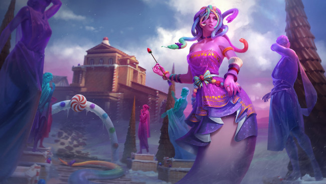 Обои картинки фото видео игры, smite, город, статуи, горгона