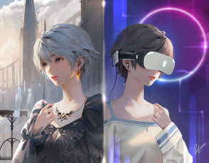 Картинка аниме оружие +техника +технологии девушки замок очки