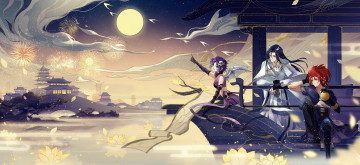 Картинка аниме unknown +другое+ девушка парни город река салют корабль