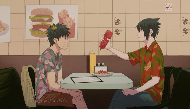 Обои картинки фото аниме, naruto, менма, учиха, саске, кафе