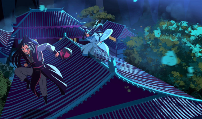 Обои картинки фото аниме, mo dao zu shi, вэй, усянь, лань, ванцзы, крыша