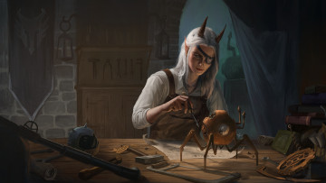 Картинка фэнтези существа девушка с повязкой на глазу чинит робота