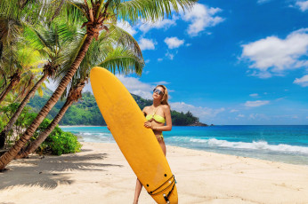 Картинка девушки kelly+collins море пальмы бикини очки серф