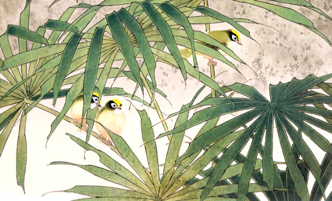 Обои картинки фото рисованное, животные,  птицы, птицы, листья