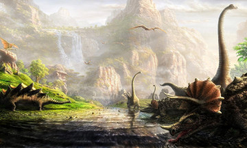 обоя разное, динозавры, горы, река