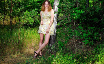 Картинка dakota+pink девушки рыжая платье лес трава