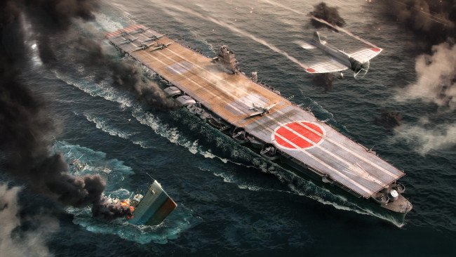 Обои картинки фото видео игры, world of warships, море, корабли, бой, авианосец, самолеты