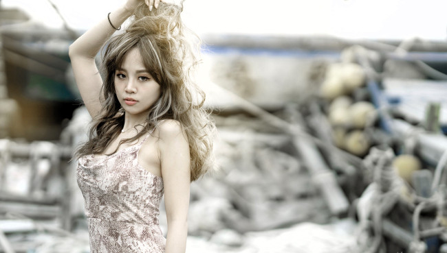 Обои картинки фото девушки, - азиатки, шатенка, платье, боке