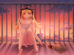 Картинка аниме bakemonogatari ограждение oshino+shinobu девушка платье шлем пончик еда небо закат облака крыша