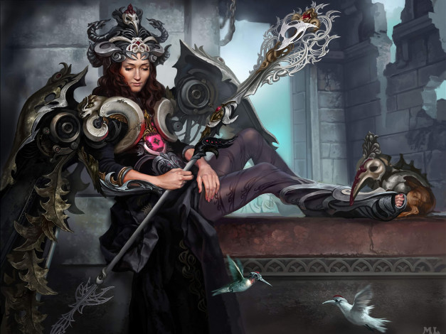 Обои картинки фото фэнтези, девушки, крылья, посох, птицы