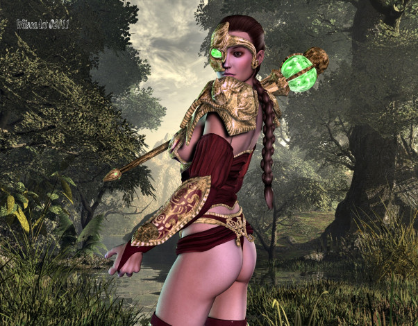 Обои картинки фото 3д, графика, fantasy, фантазия, лес, девушка, жезл