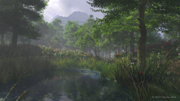 Картинка 3д+графика природа+ nature горы деревья цветы водоем