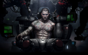 Картинка фэнтези роботы +киборги +механизмы мужчина киборг сигара кресло торс взгляд фантастика арт