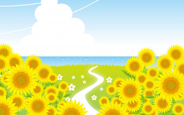 Картинка векторная+графика цветы+ flowers поле дорога подсолнухи