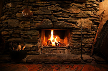 обоя интерьер, камины, дрова, камин, каменная, стена, огонь