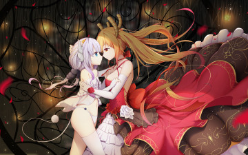 обоя аниме, kobayashi-san chi no maid dragon, объятия, дракон, рога, девочки