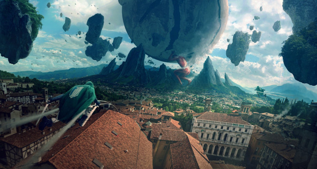 Обои картинки фото аниме, shingeki no kyojin, крыша, город, человек, shingeki, no, kyojin, colossal, titan, вторжение, гигантов, attack, on