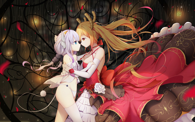 Обои картинки фото аниме, kobayashi-san chi no maid dragon, объятия, дракон, рога, девочки