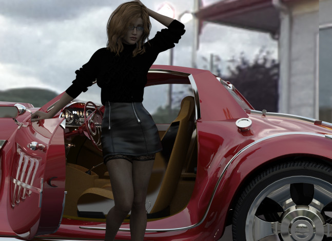 Обои картинки фото 3д графика, люди-авто, мото , people- car ,  moto, автомобиль, фон, взгляд, девушка