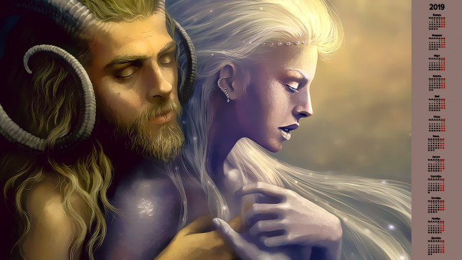 Обои картинки фото календари, фэнтези, девушка, мужчина, лицо, рога, существо
