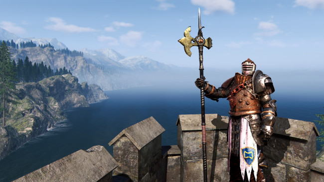 Обои картинки фото видео игры, for honor, панорама, замок, часовой, доспехи, алебарда, рыцарь