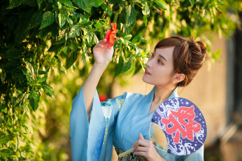 Картинка девушки -+азиатки азиатка кимоно веер