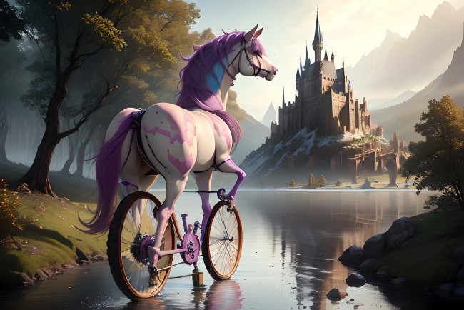 Обои картинки фото фэнтези, транспортные средства, нейросети, графика, нейроарт, ai, art, нейронные, сети, рисунки, нейро, искусство, конесипед, велоконь