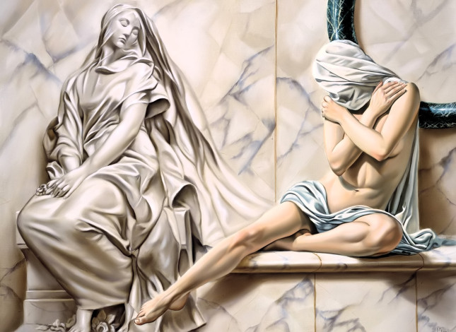 Обои картинки фото рисованное, люди, девушка, ткань, статуя, скамейка, мрамор