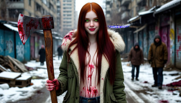 Картинка мика +по+книге+“дингир” 3д+графика ужас+ horror красивые девушки рыжие волосы зелёные глаза боевой топор кровь на теле откровенные фото мрачные арты ужасы про маньяков