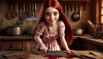 Картинка мика +по+книге+“дингир” 3д+графика ужас+ horror красивые девушки рыжие волосы зелёные глаза нож в руке кровь на платье мрачные арты ужасы про маньяков книжные персонажи