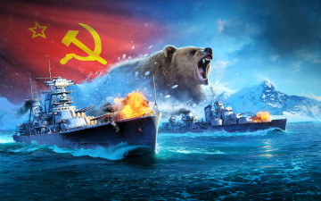 обоя видео игры, world of warships, корабли, море, гора, медведь, флаг, ссср