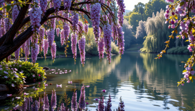 Обои картинки фото 3д графика, природа , nature, озеро, деревья, глициния