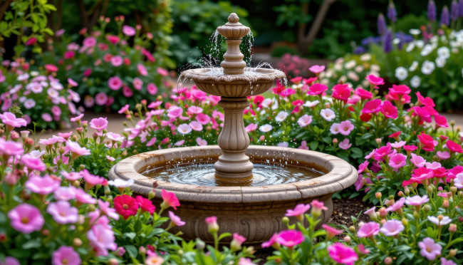 Обои картинки фото 3д графика, природа , nature, парк, фонтан, цветы