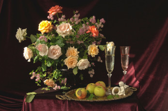 Картинка еда натюрморт яблоки бокалы букет