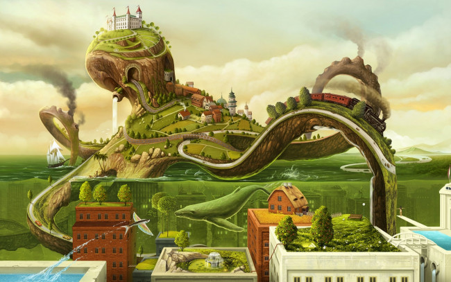 Обои картинки фото фэнтези, существа, море, рыба, дома