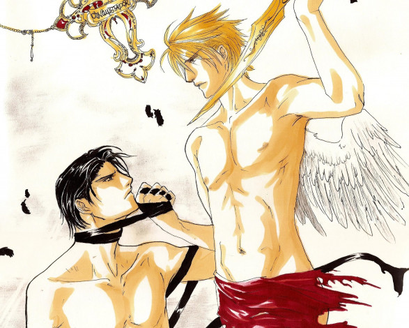 Обои картинки фото разное, арты, злость, замах, ангелы, оружие, парни, арт