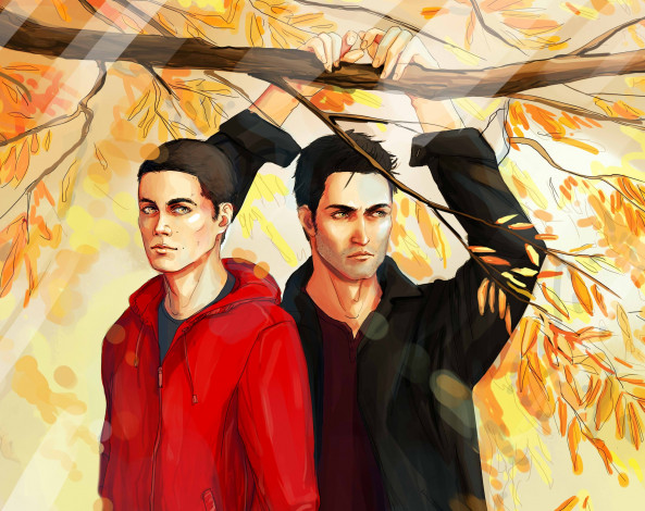 Обои картинки фото рисованное, кино, осень, арт, дерек, стайлз, волчонок, сериал, парни