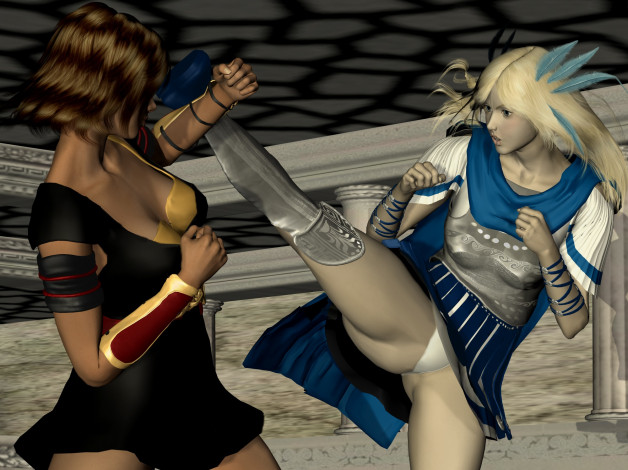 Обои картинки фото 3д графика, фантазия , fantasy, борьба, фон, взгляд, девушки