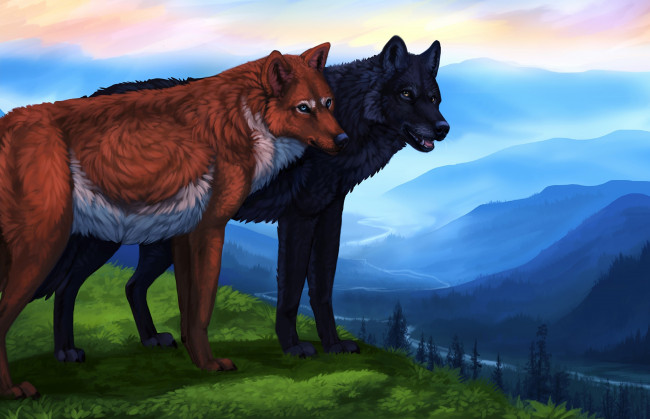 Обои картинки фото рисованное, животные,  волки, взгляд, фон, лес, волки, пейзаж, река