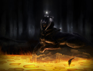 Картинка фэнтези существа лотос вода ночь сфинкс существо