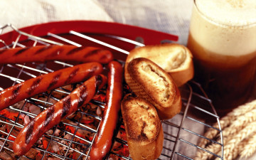 Картинка еда шашлык +барбекю гриль аппетитные колбаски багет