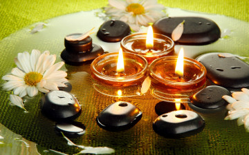 Картинка разное свечи огни хризантемы камни