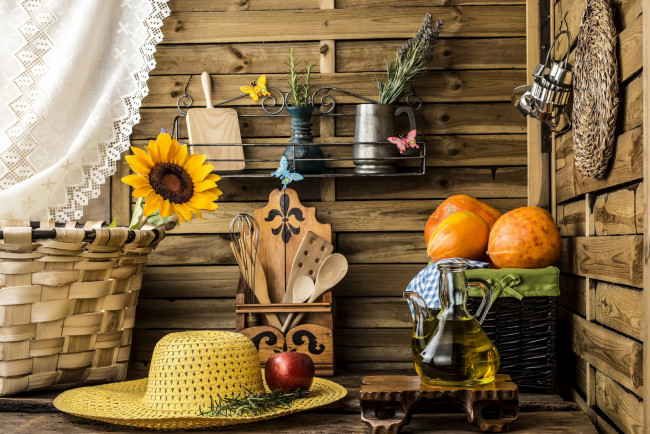 Обои картинки фото еда, натюрморт, шляпа, масло, кухня, яблоко, тыква, подсолнух